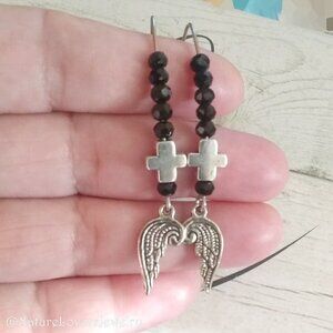 Angel Wings & Cross Dangle Earrings! Goth! Grief Loss Pain! Lightweight!!!